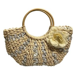 Woven Straw Purse with Floral Accents Bamboo Handle